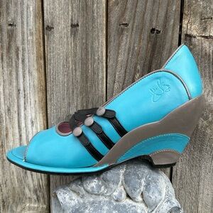 John Fluevog Vintage Miss April Peep Toe Wedge Heel Leather Turquoise Black 7